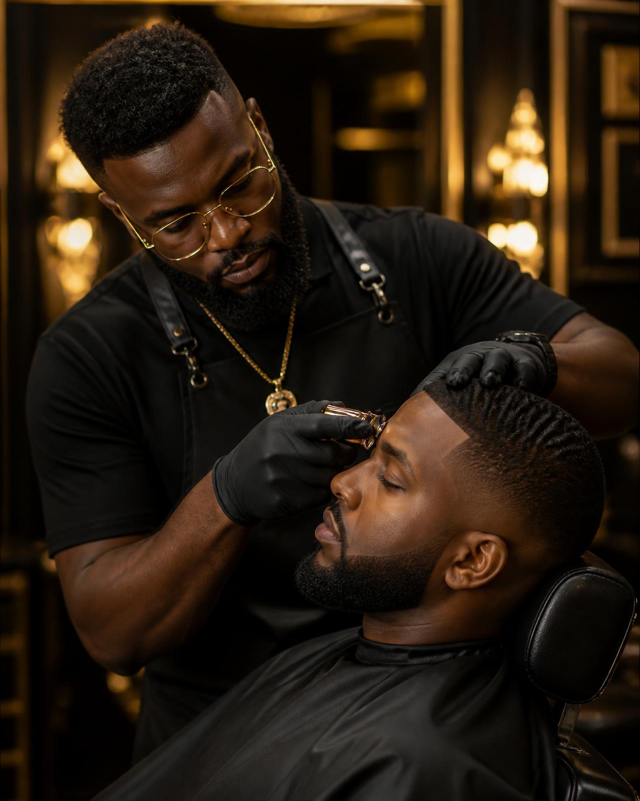 Barber shaving and lining up a client's hair in a luxury barbershop
