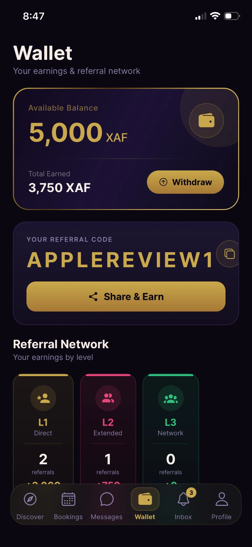 ASH Glo wallet screen showing balance, referral code and network earnings